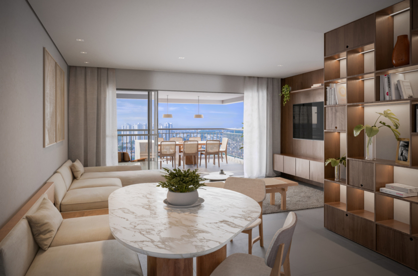Living do apto de 97m² (Perspectiva artística)