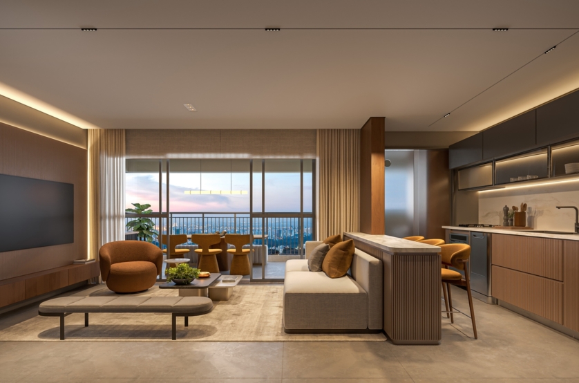 89m² | Living opção ampliada (perspectiva artística) 