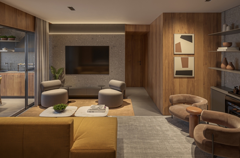 69m² | Living 2 dorms (1 suíte) (opção ampliada) (perspectiva artística) 