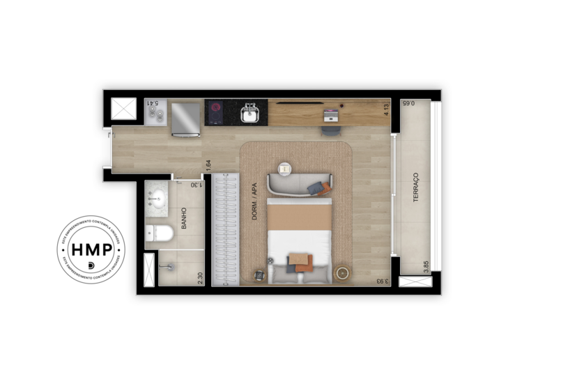 Planta studio - 30m² - Torre 3 (Perspectiva artística)