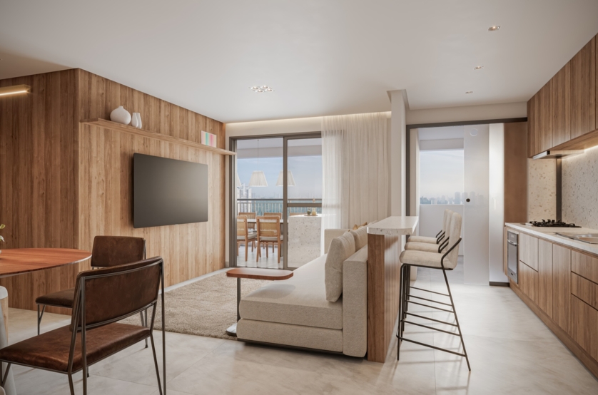 Living do apto de 76m² (Perspectiva artística)