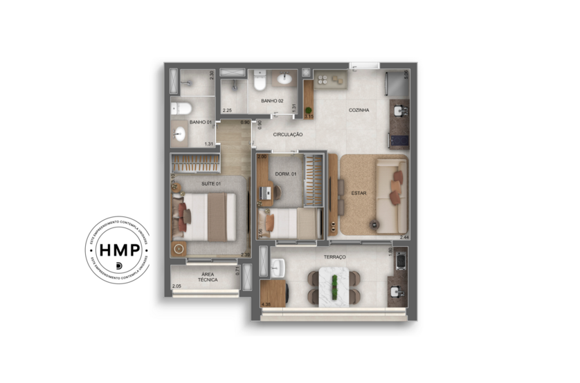 53m² | 2 dorms. (1 suíte) (perspectiva artística) 