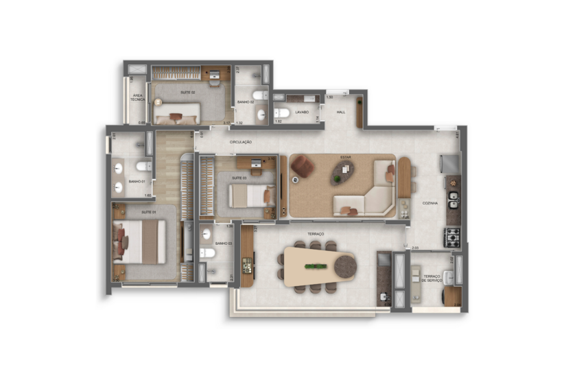 120m² I 3 Suítes c/ lavabo (perspectiva artística) 
