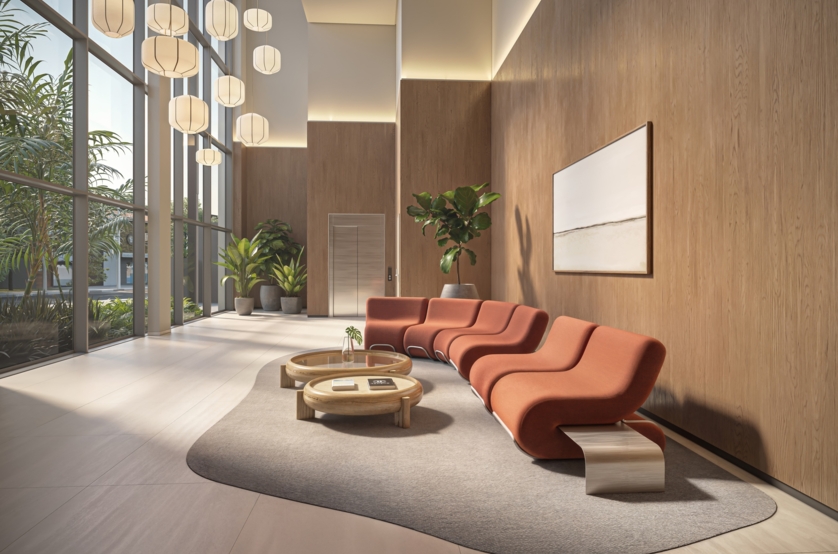 Lobby com pé direito duplo (perspectiva artística) 