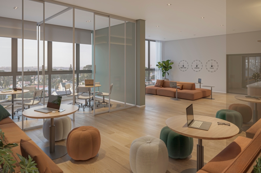 Coworking c/ salas de reunião (perspectiva artística)