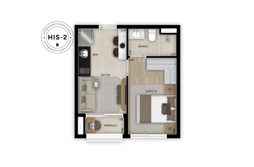 Planta de 1 suíte - 29m² - Torre 2 (Perspectiva artística)