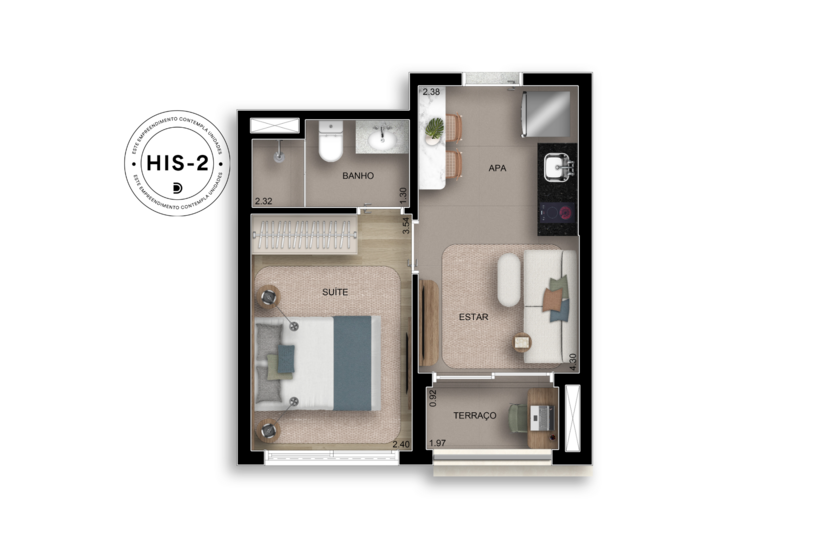 28m² I 1 Suíte (Perspectiva artística)