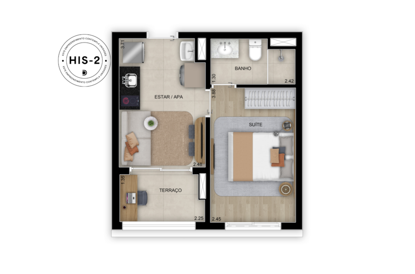Planta de 1 suíte. - 27m² - Torre 3 (Perspectiva artística)
