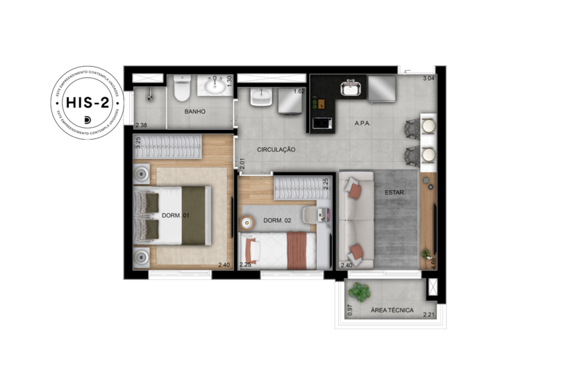 2 dorms. - 40m² (Perspectiva artística) 