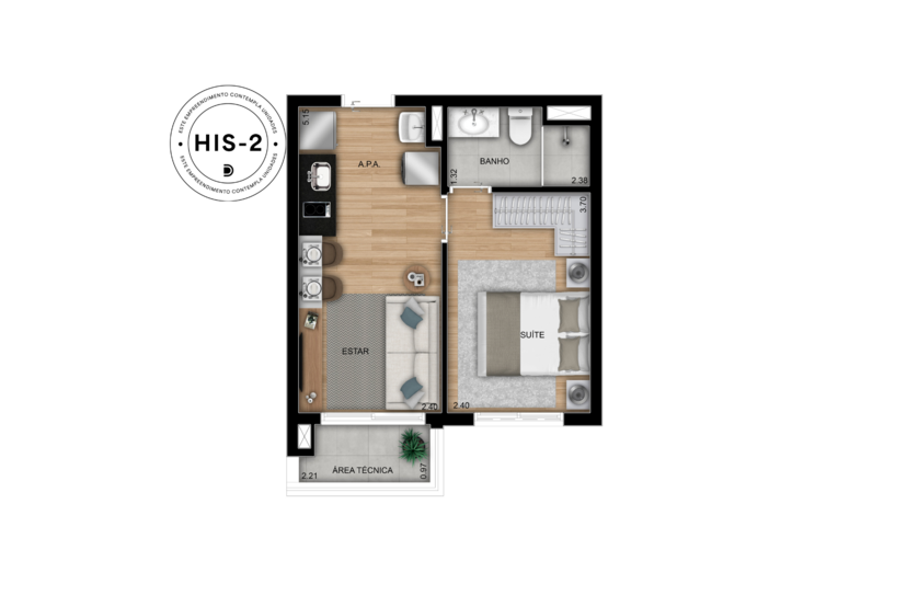 1 suíte - 30m² (Perspectiva artística) 