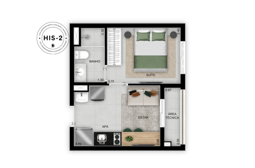 1 suíte - 26m² (Perspectiva artística)