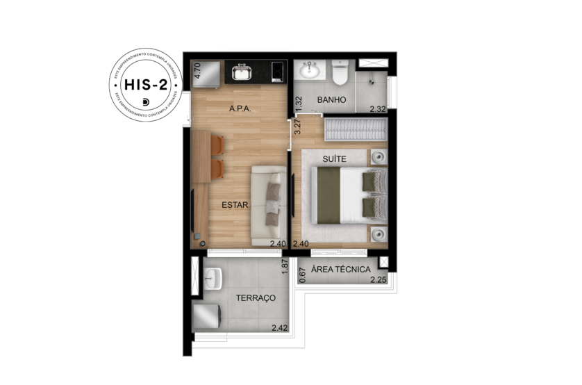 1 suíte 34m² - Torre 2, final 1 (Perspectiva artística)