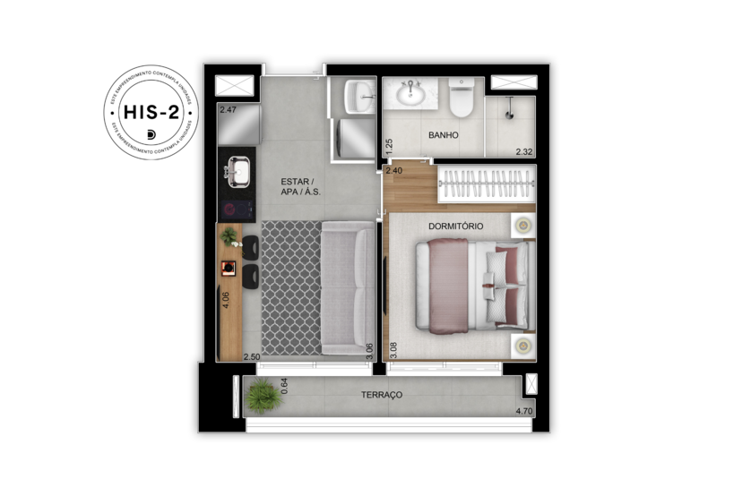 1 dorm - 30m²  (Perspectiva artística) 