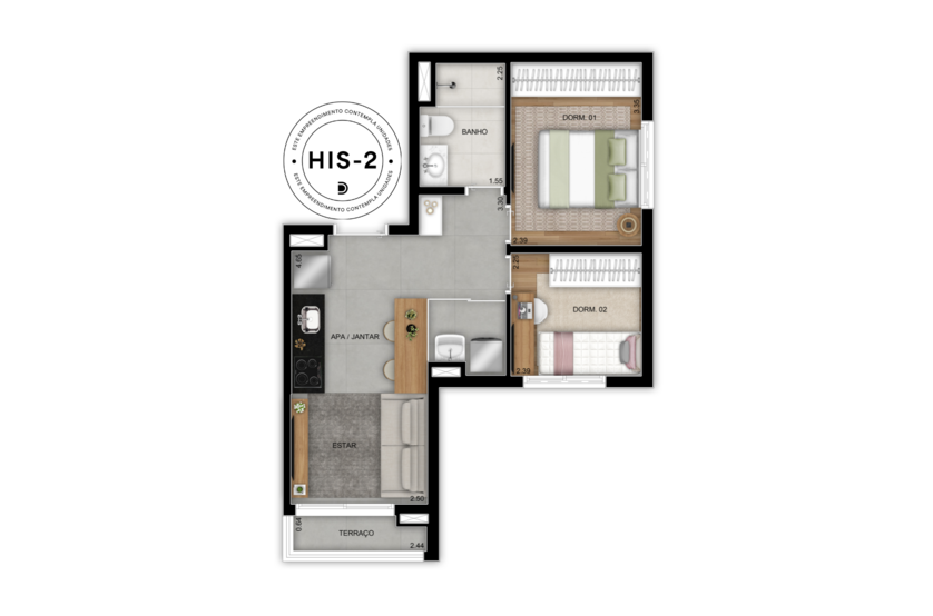 2 dorms. - 43m² (Perspectiva artística) 