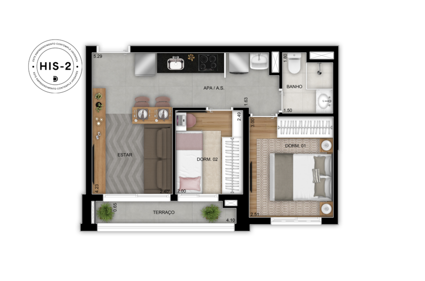 2 dorms. - 40m² (Perspectiva artística) 