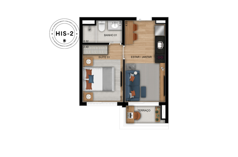 1 suíte – 30m² - finais 1, 2, 3, 9, 10 e 11 (Perspectiva artística) 