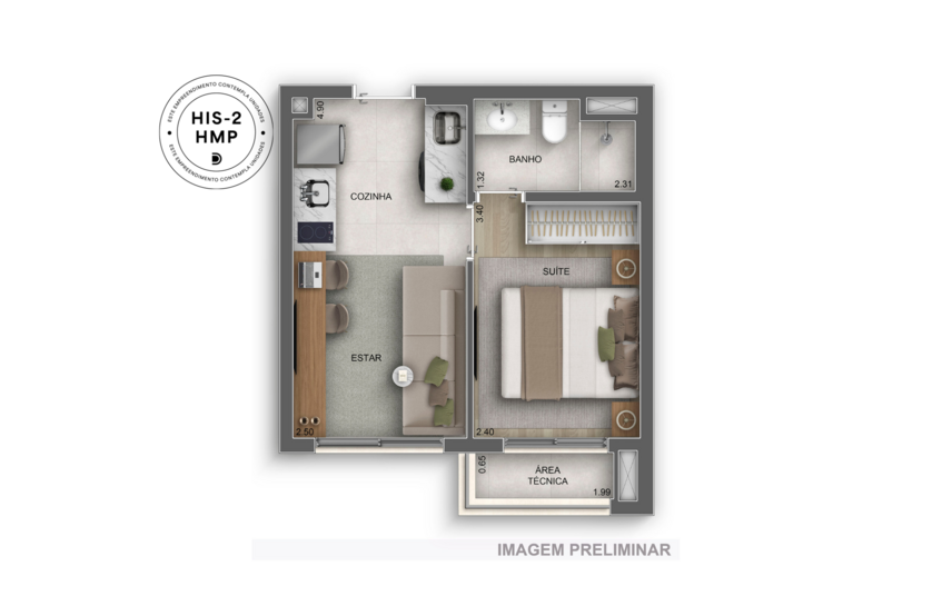 30m² | 1 suíte (Perspectiva preliminar) 