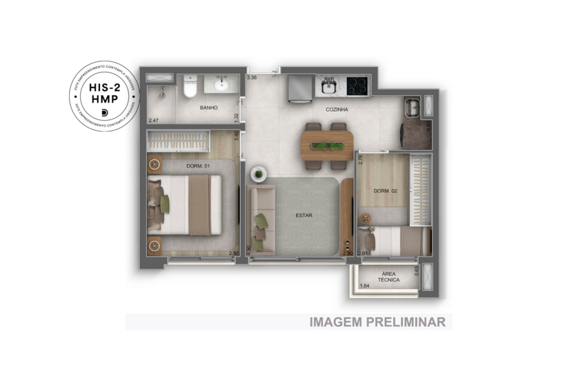 43m² | 2 Dorms (Perspectiva preliminar) 