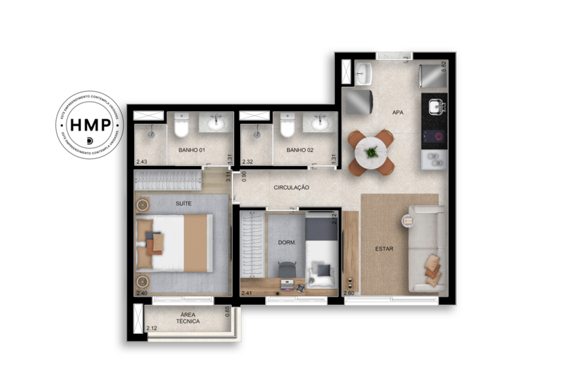 45m² | 2 Dorms. 1 Suíte c/ lavabo (Perspectiva artística)