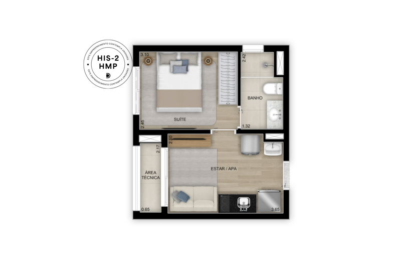 Planta de 1 suíte - 30m² (Perspectiva artística)