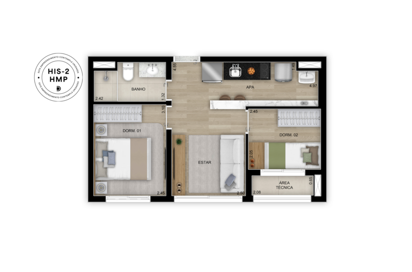 2 dorms. - 38m² (Perspectiva artística) 