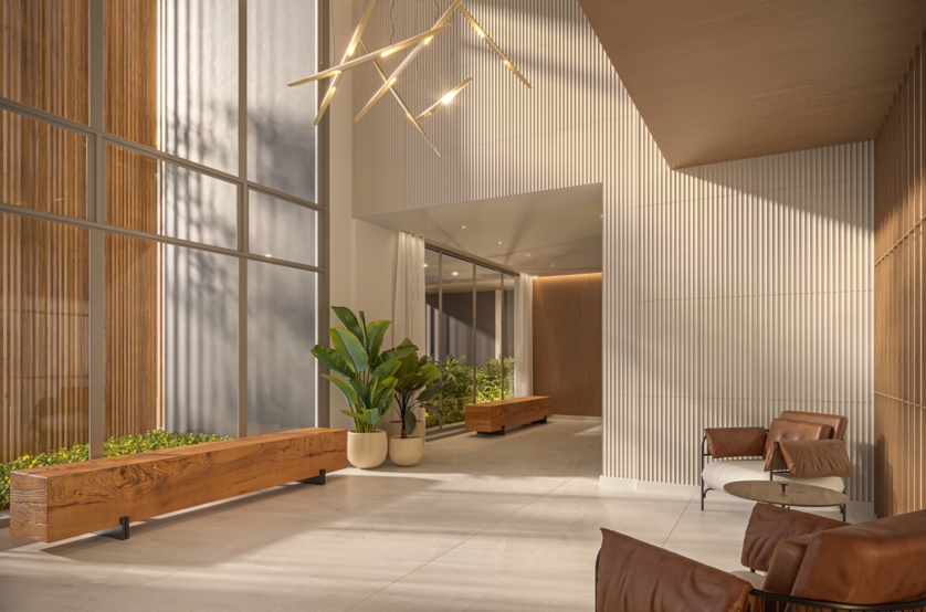 Lobby c/ pé direito duplo (Perspectiva artística)