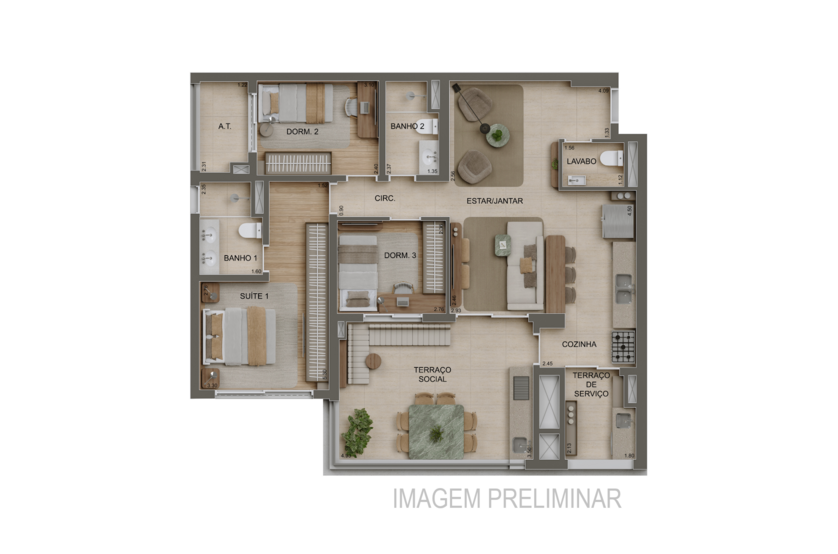Planta 3 Dorms. (1 suíte) - 106m² - Torre 2 (imagem preliminar)