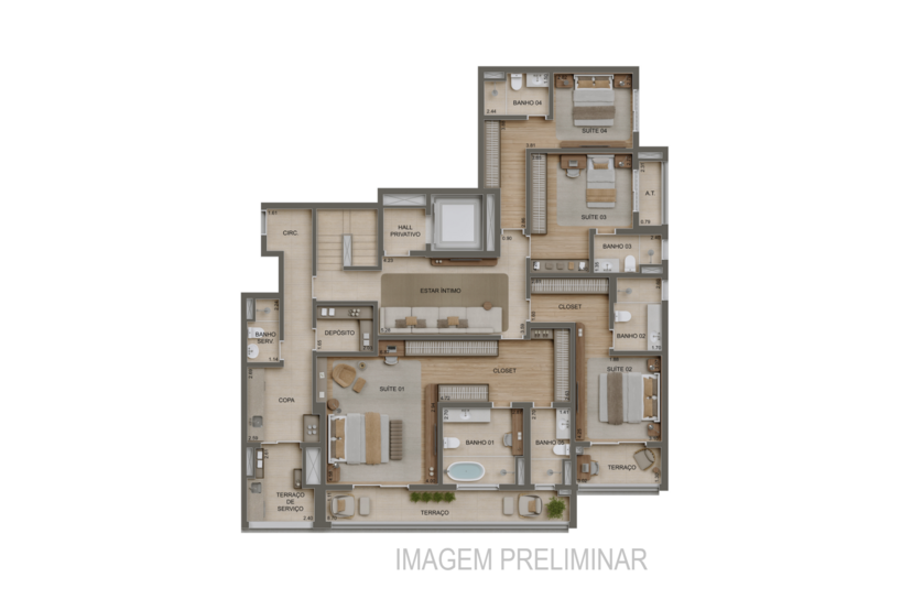 Planta 4 suítes Duplex inferior - 485m² - Torre 2 (imagem preliminar)