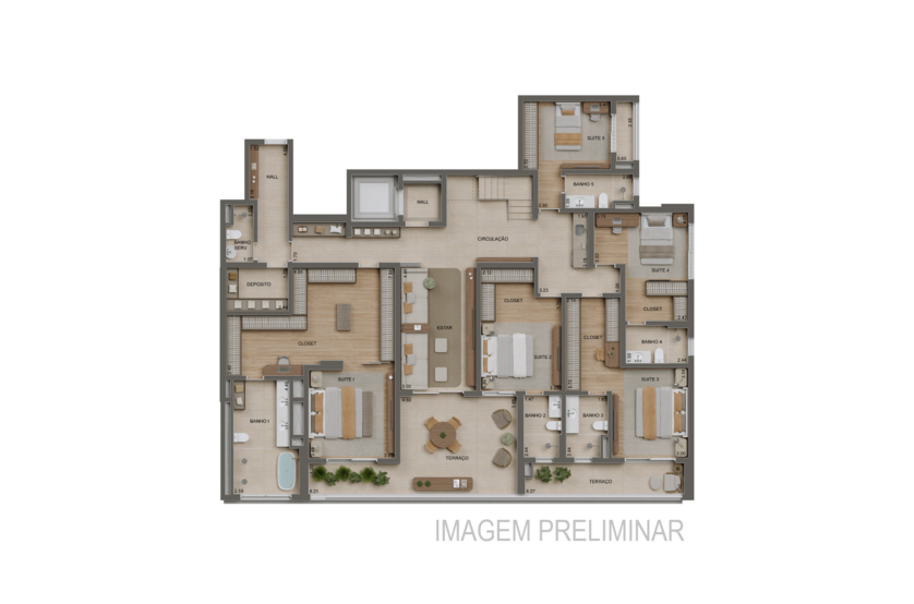 Planta 5 suítes Duplex inferior - 480m² - Torre 1 (imagem preliminar)