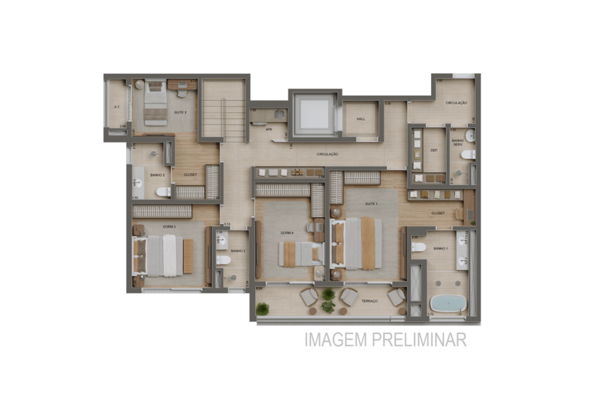 Planta 4 Dorms. (2 suítes) Duplex inferior - 260m² - Torre 1  (imagem preliminar)