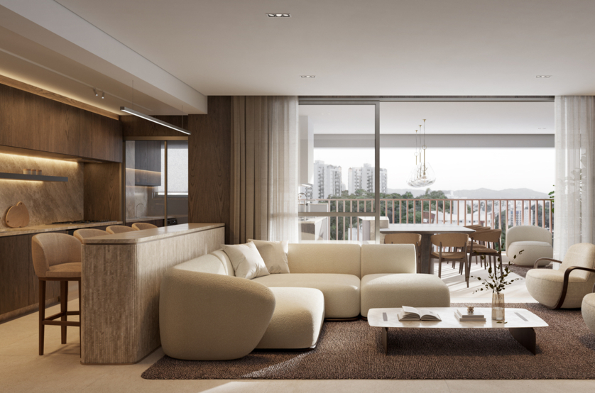 Living de 132m² do apto de 3 suítes (Perspectiva preliminar)