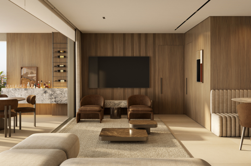 Living de 106m² do apto de 1 suíte (Perspectiva preliminar)