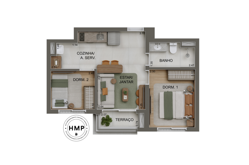 Planta 2 dorms. - 44m² | torre 3 (perspectiva artística)