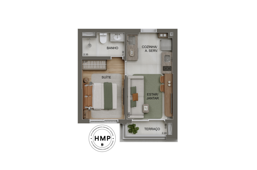 Planta 1 suíte - 30m² | torre 3 (perspectiva artística) 