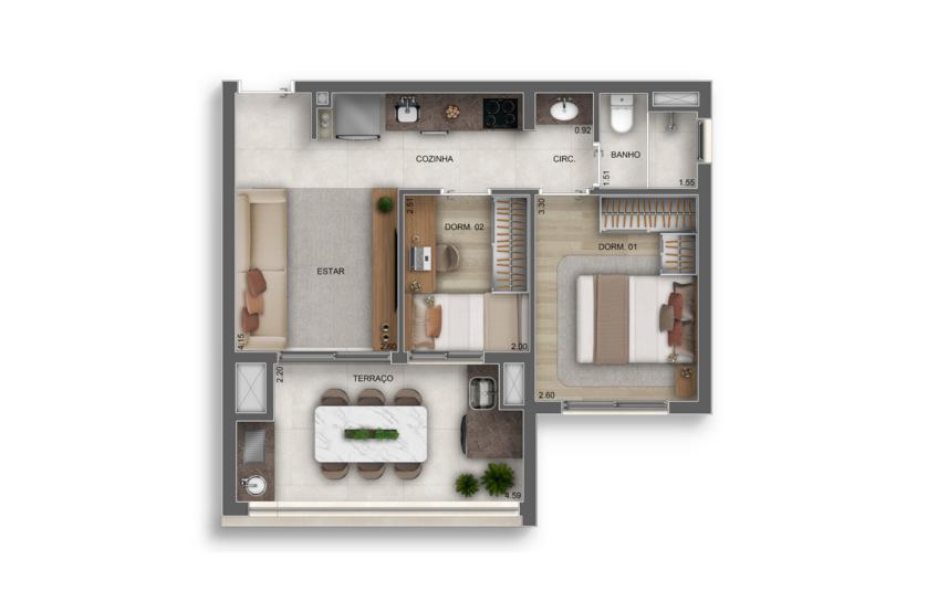 48m² | 2 Dorms. c/ terraço (perspectiva artística)