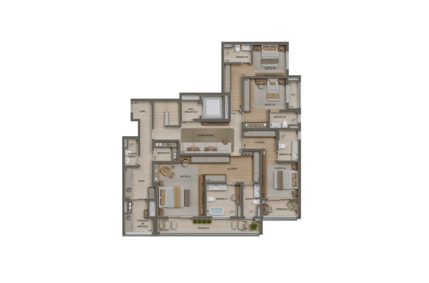 Planta 4 suítes Duplex inferior - 485m² - Torre 2 (imagem artística)