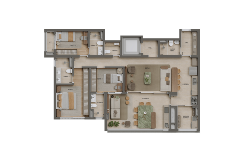 Planta 3 suítes - 132m² - Torre 1 (imagem artística)