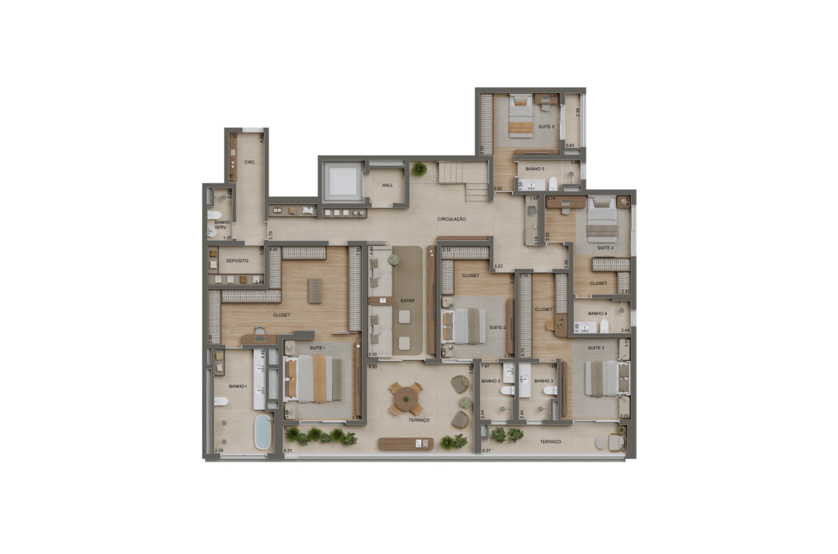 Planta 5 suítes Duplex inferior - 480m² - Torre 1 (imagem artística)