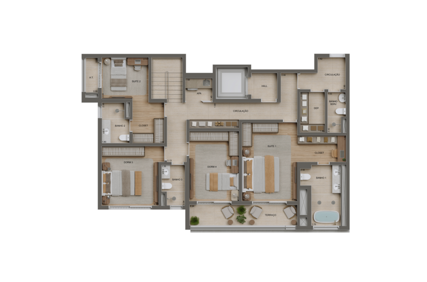 Planta 4 Dorms. (2 suítes) Duplex inferior - 260m² - Torre 1 (imagem artística)