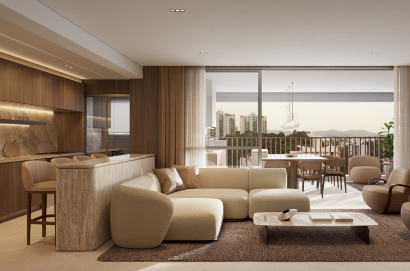 Living de 132m² do apto de 3 suítes (Perspectiva artística)