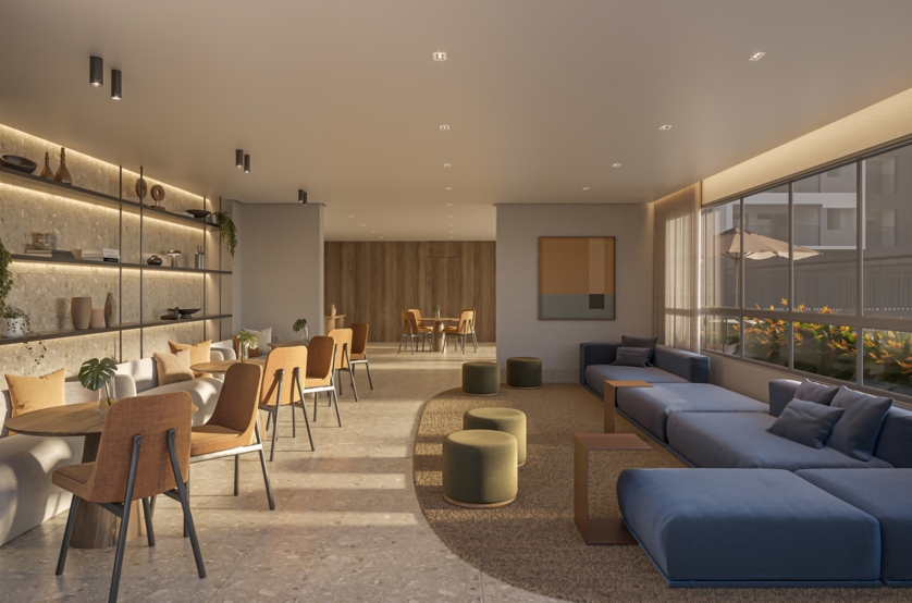 Salão de festas com 102m² (perspectiva artística) 
