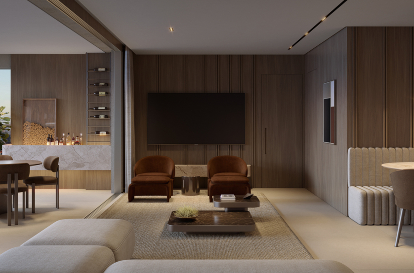 Living de 106m² do apto de 1 suíte (Perspectiva artística)