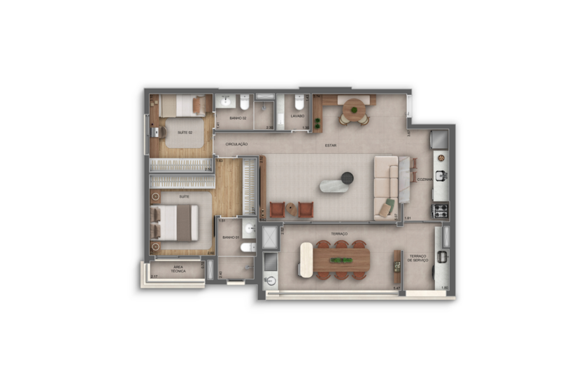 95m² | 2 Dorms. c/ lavabo (1 suíte) (perspectiva artística) 
