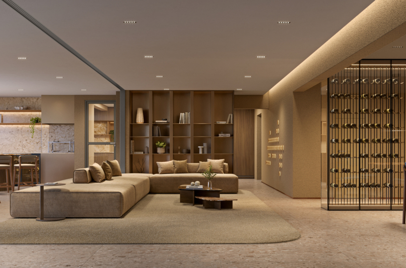 Living de 243m² do apto de 3 suítes (Perspectiva artística)