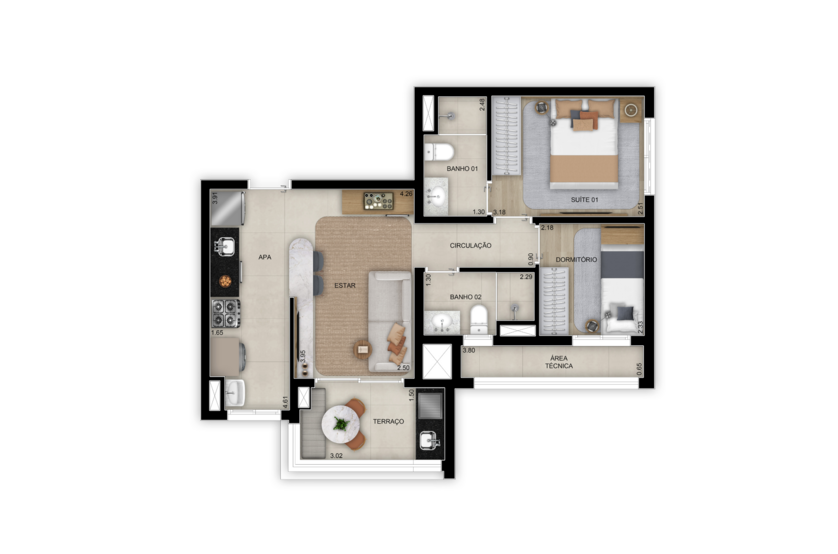 Planta de 2 dorms. (1 suíte) - 57m² - Torre 3 (Perspectiva artística)