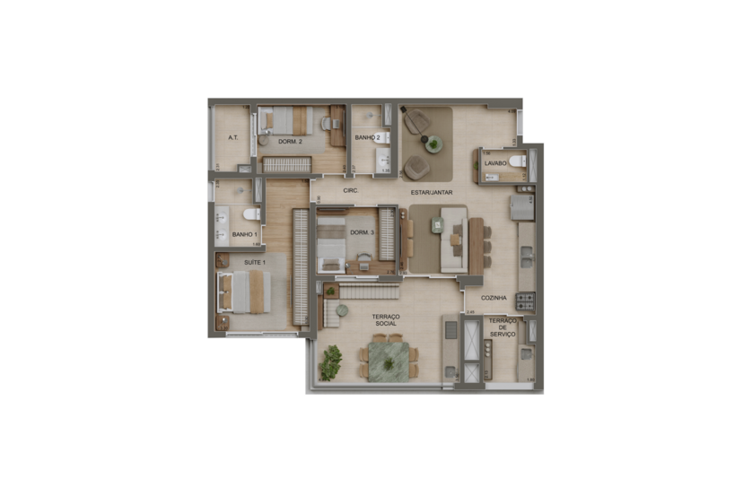 Planta 3 Dorms. (1 suíte) - 106m² - Torre 2 (Perspectiva artística)
