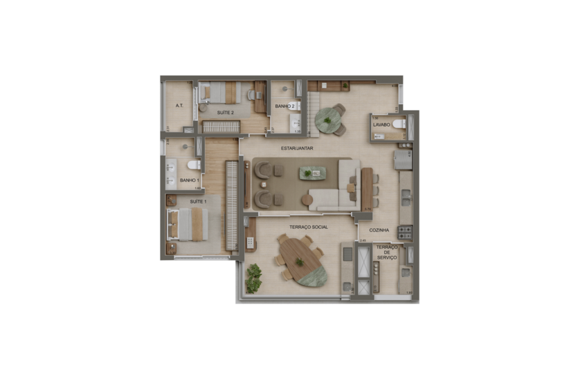 Planta 4 Dorms. (2 suítes) Duplex inferior - 260m² - Torre 1 (Perspectiva artística)