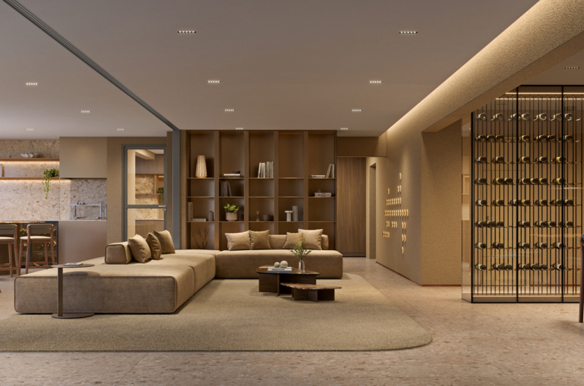 Living de 132m² do apto de 3 suítes (Perspectiva artística)
