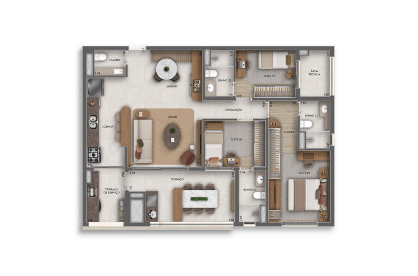 113m² | 3 suítes c/ lavabo (perspectiva artística) 