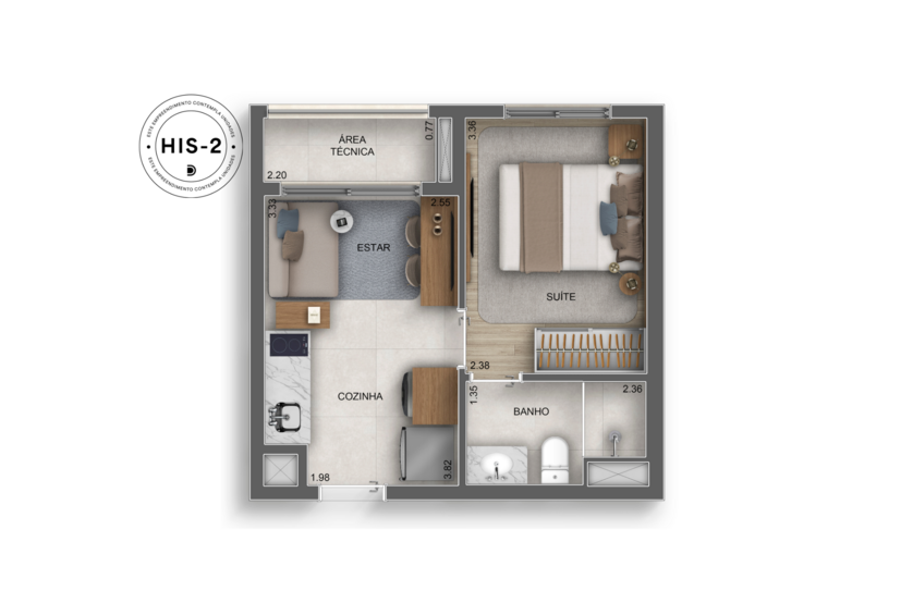27m² | 1 suíte (perspectiva artística) 